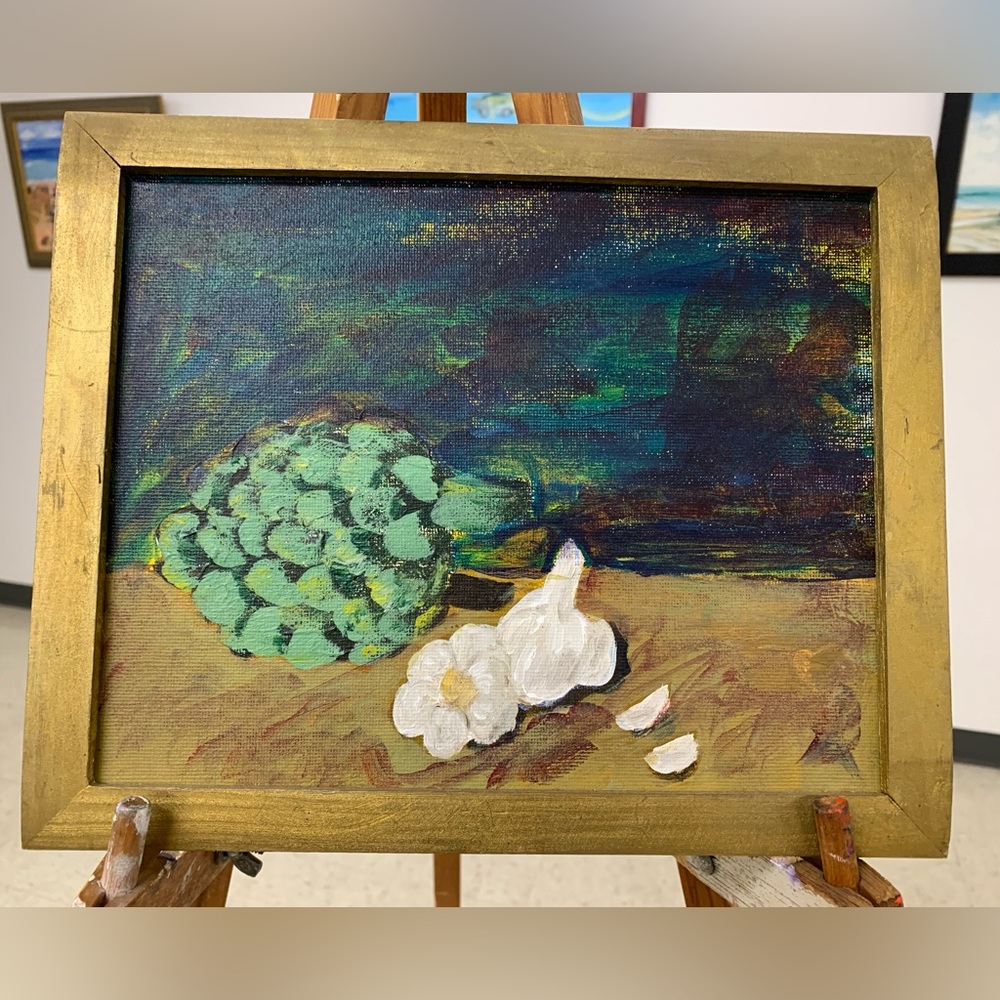 Framed Original acrylic painting on 8” x 10” canvas board.